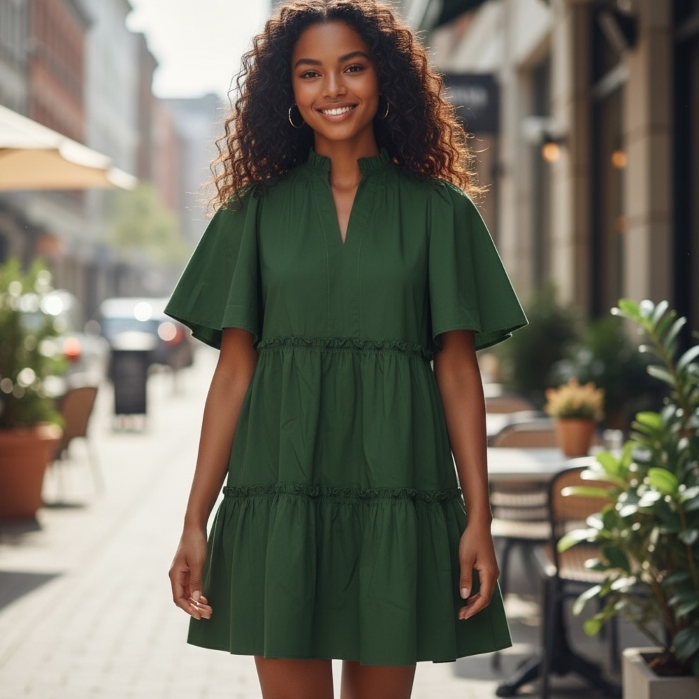 SEA NEW YORK Green Women's Green Tiered Mini Dress, Flutter Sleeves Size 4 - Picture 2 of 6